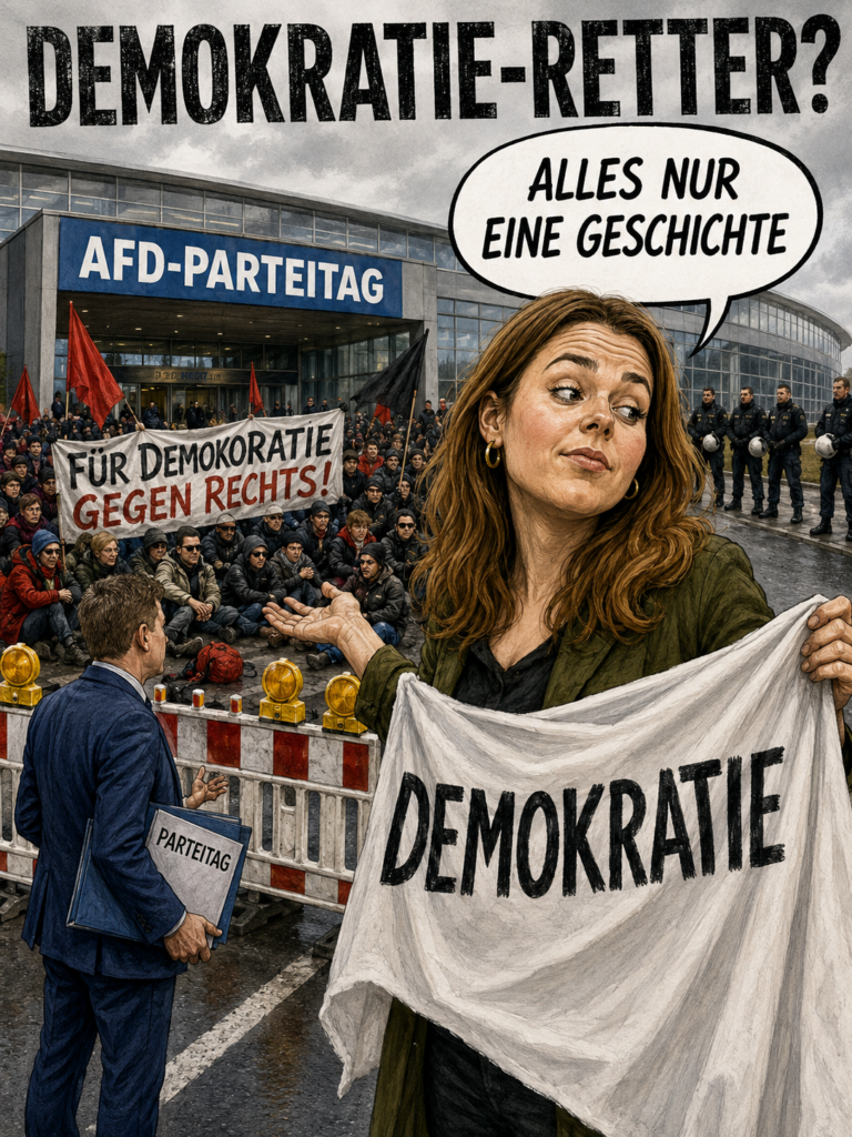 Karikatur über die Blockade des AfD-Bundesparteitags und deren Darstellung als Verteidigung der Demokratie